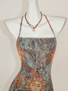 SHEIN ICON Figure-Hugging Retro Print Open Back Cross Tie Mini Dress - Green - View 4