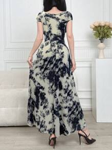 Modelyn Elegant Women's Black And White Tie-Dye Long Dress With V Neck And Short Sleeves, Flared Hem, And Zipper Detail - Black and White - View 6