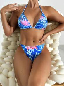 Women's Blue Tropical Rainforest Leaf & Flamingo Printed Drawstring Halter Neck Tankini Swimsuit Set - Multicolor - View 1