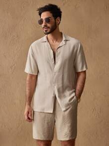Manfinity VCAY 2pcs Men's Casual Woven Loose Guayabera Collar Short Sleeve Shirt And Drawstring Waist Shorts Set - Multicolor - View 1