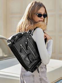 SHECARRY Vintage Motorcycle Bag High-Quality Tote Bag, Casual Commuter Punk Style Unisex Zipper Shoulder Crossbody Handbag