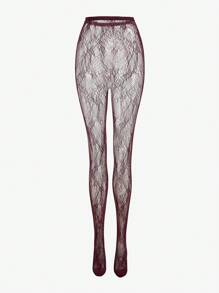 SHEIN ICON 1 双女式可爱性感蕾丝纹理渔网袜，花卉藤蔓图案透明紧身裤，适合休闲和派对 - 酒紅色 - 查看 2