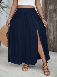 SHEIN VCAY Plus Size Solid Color Elastic Waist Slit Up To Thigh Casual Vacation Skirt