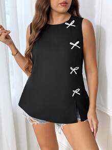 SHEIN Frenchy Plus Size Women Bow Decor Crew Neck Sleeveless Casual Shirt,Business Casual Woman