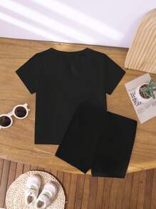 SHEIN Set de 2 piezas de camiseta y pantalones cortos casuales para niña bebé con acentos de cinta y estampado de cerezas - Negro - Ver 2