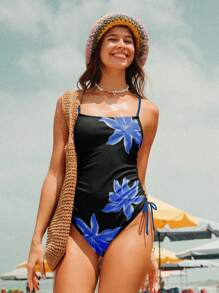 SHEIN Swim Women's Black Floral Print Halter Cut-Out One-Piece Swimsuit, Summer Beach Style