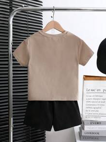 Young Boy 2 Pieces Set Minimalist Letter Graphic Crew Neck Short Sleeve Tee And Shorts Knit Pajamas, Casual & Comfy