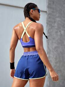 Powerista Women's Contrast Color Camisole And Elastic Waist Shorts Sports Suit Workout Women Sets - Purple - View 2