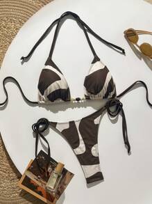 Swim Chiccia Women 2 Pieces Tropical Print Decoration Solid Color Casual Bikini Set - Multicolor - View 3