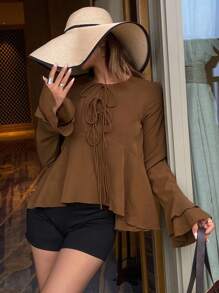 DAZY Vacation Ruffle Trim Bell Sleeve Tie Waist Loose Solid Color Women Shirt,Fall Women Clothes Long Sleeve Top - Coffee Brown - View 1