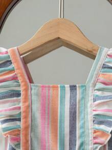 Vestido de verano casual y dulce de estilo princesa para niñas y niñas jóvenes, con cuello cuadrado, mangas cortas, tela a rayas multicolor y gran lazo decorativo en la falda - Multicolor - Ver 7