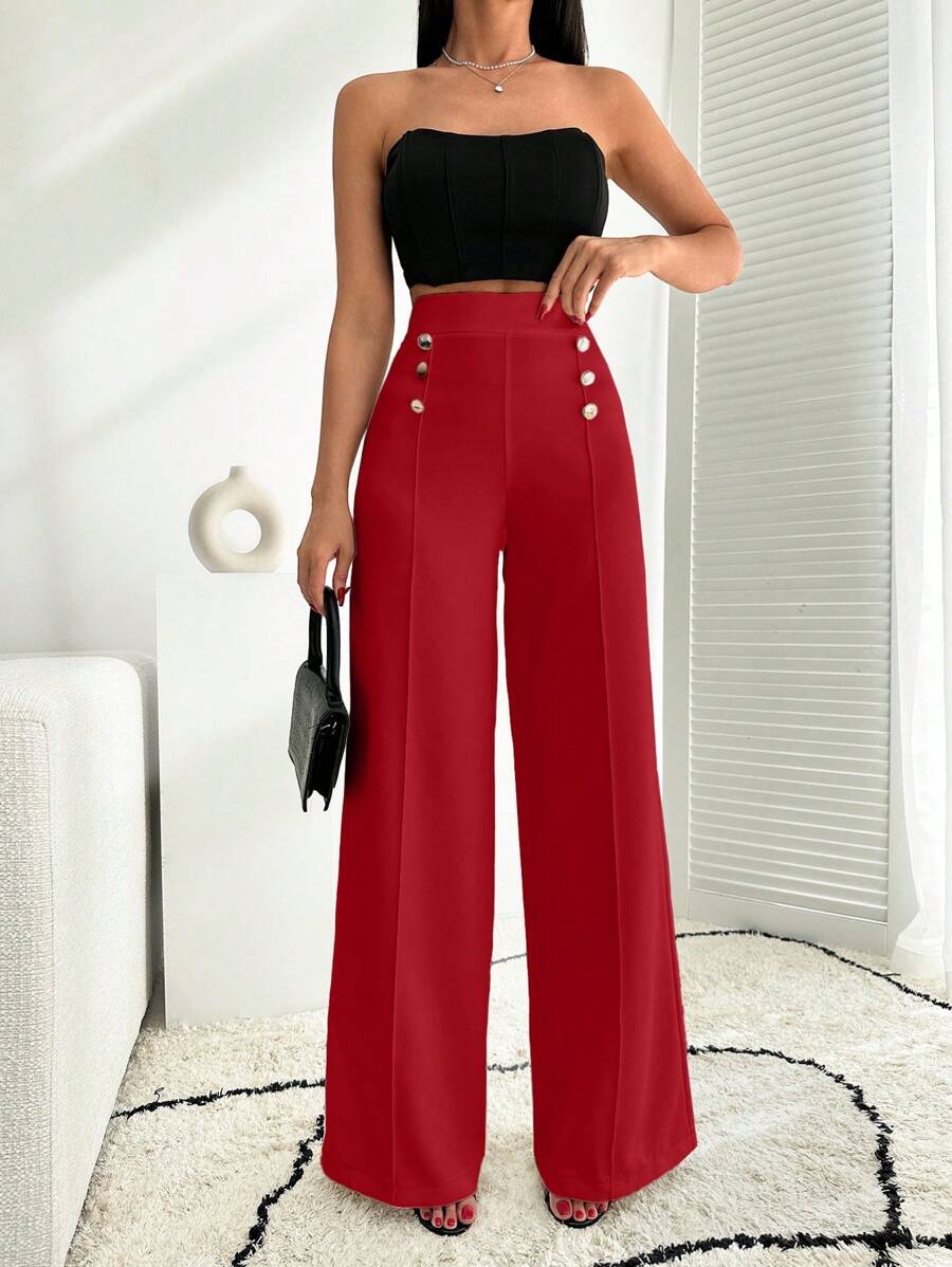 EURMUSE White Wide Leg Pallazzo Pant With Button Detail - Red - View 1
