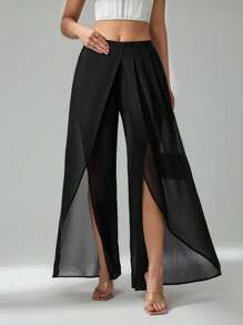 SHEIN Tall Women's Summer Vacation Sheer Split Wide Leg Pants - Black - View 7