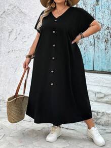 SHEIN CURVE+ Váy dài cổ chữ V màu đen tay ngắn thời trang xuân hè cỡ lớn cho nữ, thoải mái hàng ngày, rộng rãi, thoải mái, trang phục mùa hè cho nữ, trang phục đi nhà thờ cho nữ, phong cách quý tộc cổ điển cho nữ, trang phục giáo viên cho nữ, trang phục sân bay cho nữ, Curve Plus, trang phục đi biển theo phong cách Boho cho nữ/váy đi biển/trang phục nghỉ dưỡng trên bãi biển/đồ dùng cần thiết cho bãi biển/váy tốt nghiệp/váy tiệc trà - màu đen - Xem 6
