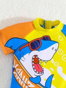 Baby Boys' Swimwear Cute Shark Print Knitted Fabric One-Piece Swimsuit, Stylish Leisure Outfit Suitable For Swimming, Vacation And Summer  Getaway,Holiday,Travel,Relax,Summer,Holiday