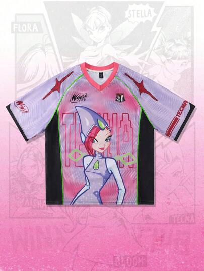 Winx Club X ROMWE Herren Anime Jersey Kontrast Mesh Kurzarm Sport T-Shirt, Athletik Jersey, 2000er Jahre Stil