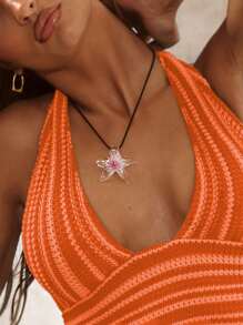Musera Resort Extreme Plunge Tie Halterneck Striped Crochet Top Boho Ibiza Cute Sexy Vacation Summer Beach Swimwear Cover Up