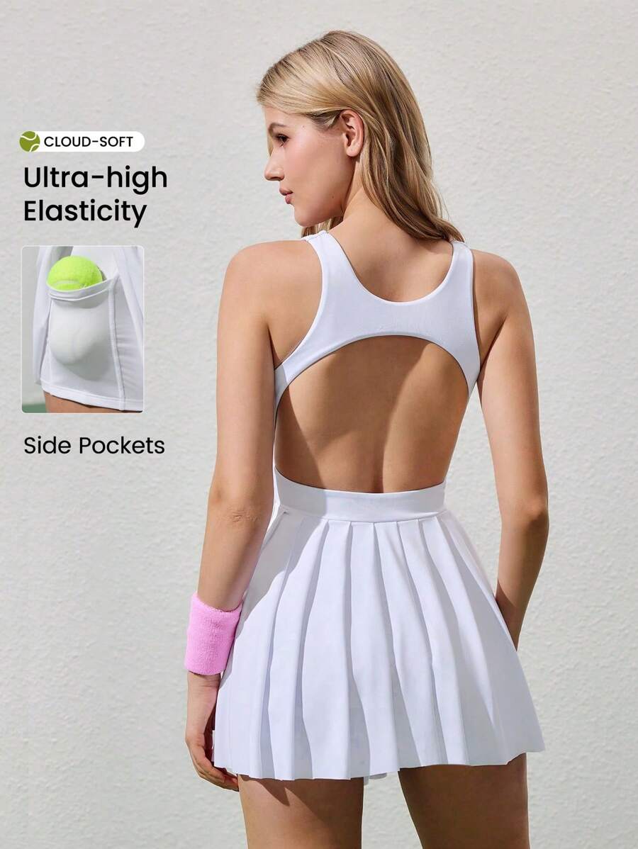 CourtClass Women's Solid Color Backless Pleated Hem Sports Dress - White - View 1