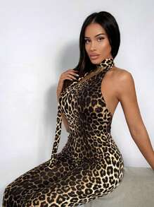 SHEIN SXY Women's Leopard Print Halter Neck Sleeveless Knitted Unitard With Split Thigh Detail - Multicolor - View 5