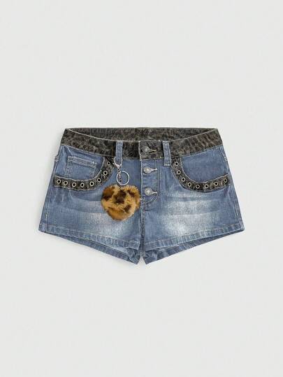 Grunge Punk Vintage Y2K Sexy Low Waist Leopard Patchwork Distressed Grunge Street Style Heart Leopard Pattern Women Denim Shorts