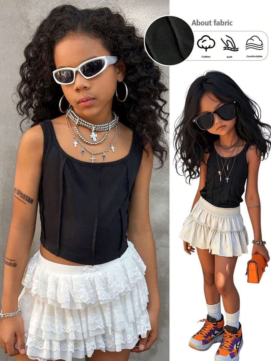 Coolane Kids Tween Girl Cool Street Style Spring/Summer Solid Seam Detail Top Little Girl Black Patchwork Top - Black - View 1