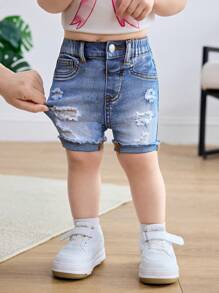 SHEIN Baby Girls' Light Wash Stretchy Denim Shorts With Distressed Detail And Zipper - Light Wash - View 6