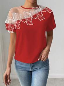 Chiquease Women's Elegant Flower Trim Mesh Patchwork Puff Sleeve Blouse - Red - View 3