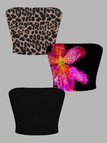 Attitoon 3-teiliges Set mit Leoparden-Muster, tropischem Blumenmuster & schwarzem Top, im Vintage Retro Stil, lässiger Urlaubsstil, sexy Stil, niedlicher Y2K Kokos-Mädchen Boho Musikfestival Stil, passend für Damen Oberteile im Sommer