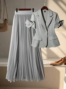 Modelyn Women's Plain Single Button 3D Applique Short Sleeve Top And Pleated Skirt Suit Set Office Outfits For Women
