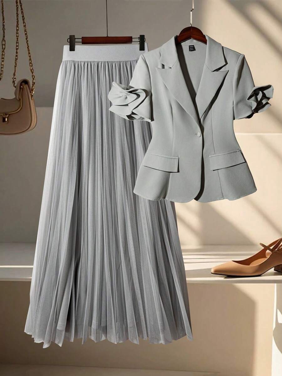 Modelyn Women's Plain Single Button 3D Applique Short Sleeve Top And Pleated Skirt Suit Set Office Outfits For Women