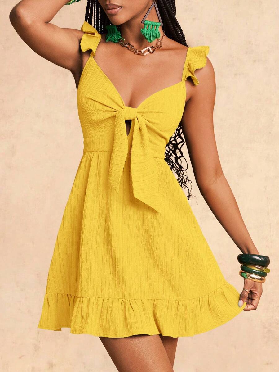 Zivah Neues ärmelloses A-Linie Kleid mit Rüschensaum aus strukturierter grüner Stoffvariante, im Lässig Urlaubsstil, für Frühling/Sommer - Gelb - Übersicht 1