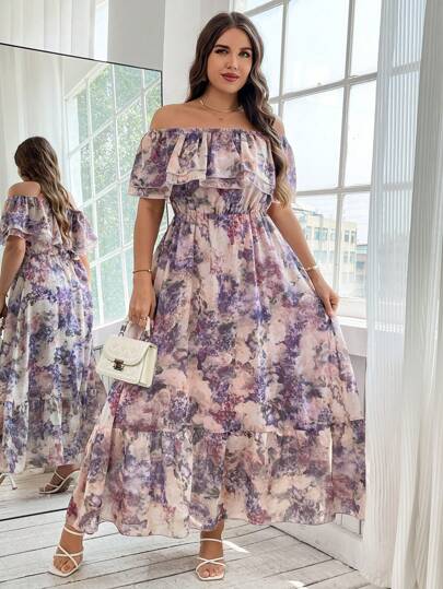 Reflora Curve Plus Size 女式浪漫休闲优雅紫色印花双层荷叶边单肩颈腰 A 字型超长雪纺飘逸连衣裙