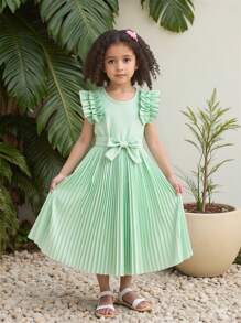 SHEIN Mädchen 4-7 Jahre modisches, süßes einfarbiges Kleid mit Puffärmeln, Taille und plissiertem Rockteil + Gürtel, Sommer