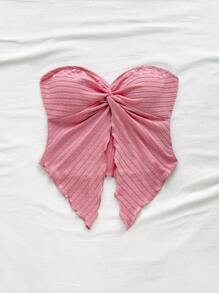 Soleia Women Ribbed Knit Tie Front Cropped Blouse, Dusty Pink, Suitable For Vacation, Afternoon Tea, Street Style, Autumn/Winter Layering Or Party Wear Tube Top