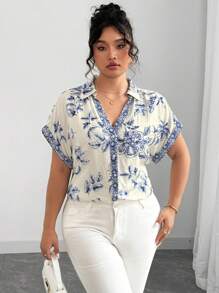 Elenzga Plus Size Women's French Chic Elegant Casual Vacation & Office Loose Shirt, V-Neck, Open Front, Drop Shoulder, Turn-Up Cuff, Solid Color Placement Floral Print, Spring/Summer - Blue and White - View 5