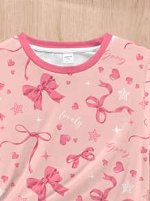 SHEIN Leap Crew 可爱甜美蝴蝶结、爱心、星星印花、粉色少女休闲修身圆领短袖睡衣套装，适合夏季 - 彩色 - 查看 4