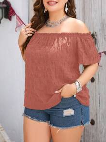 SHEIN Clasi Blusa de talla grande para mujer de color liso con volantes y manga corta descubierta de los hombros para vacaciones