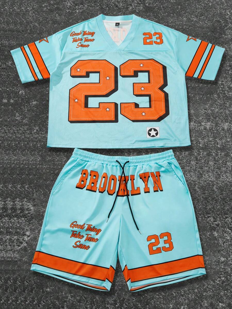 Manfinity EMRG 大码男士休闲T恤和短裤套装，简约风格适合夏季