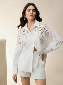 Anewsta Women's Elegant Hollow Out Design Long Sleeve Single-Breasted Blouse, Spring/Summer