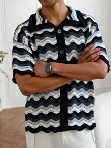 Manfinity Homme Men's Summer Casual Contrast Color Button Front Hollow Out Knit Top - Black and White - View 3