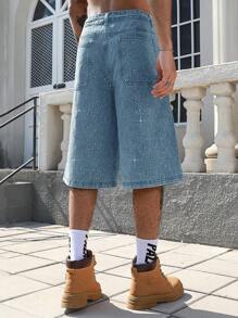 ROMWE MEN Street Life Men's Sparkling Diamond Decor Denim 3/4 Shorts Jorts - Blue - View 3