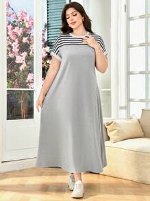 SHEIN Lacomfia Plus Size Striped Print Round Neck Casual Short Sleeve Dress, Suitable For Summer - Multicolor - View 1