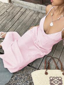 Sunnyshic Gray & White Striped V-Neck Backless Tie Strap Button Design Maxi Dress - Hot Pink - View 5