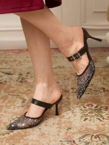 CUCCOO TILAWA Black Pointed Toe Glittery Mesh Panel Sexy High Heel Mule Pumps For Women - Black - View 2