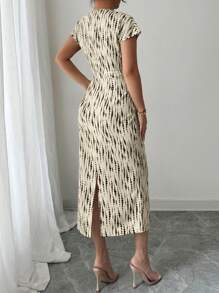 Elenzga 女士优雅仿古钱币印花休闲连衣裙，适合通勤和度假 - 杏色 - 查看 2