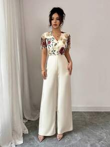 Rafferiza Women's Elegant Embroidered Mesh Button Gathered Waist Jumpsuit - Apricot - View 2