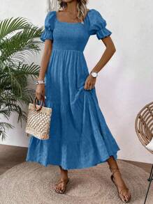 SHEIN Clasi Women's Fashionable Solid Color A-Line Flared Puff Sleeve Dress Maxi Women Outfit - Dusty Blue - View 4