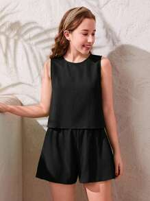 SHEIN Conjunto informal de 2 piezas para adolescente, de tela tejida de textura sólida sin mangas, para primavera/verano