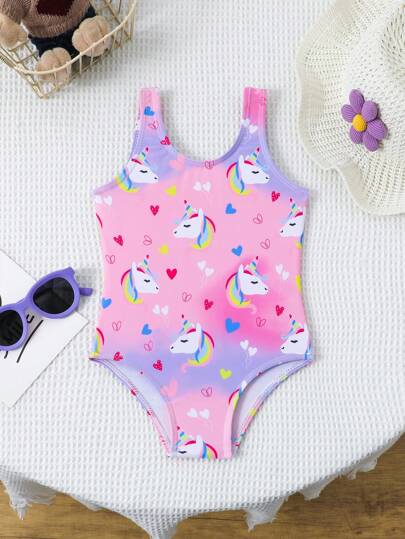 Baby Girl Unicorn Print One-Piece Swimsuit, Summer Beach Holiday Swim Suits For Girls Bathing Suits For Baby Girl