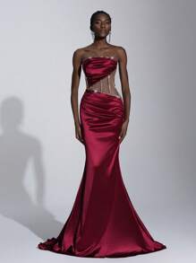 Elitara 优雅华丽的酒红色手工钻石链装饰露肩腰部镂空鱼尾带有拖尾下摆适合约会派对，单身派对，女士正式晚礼服，派对礼服，礼服，晚会，婚礼宾客 - 酒紅色 - 查看 2